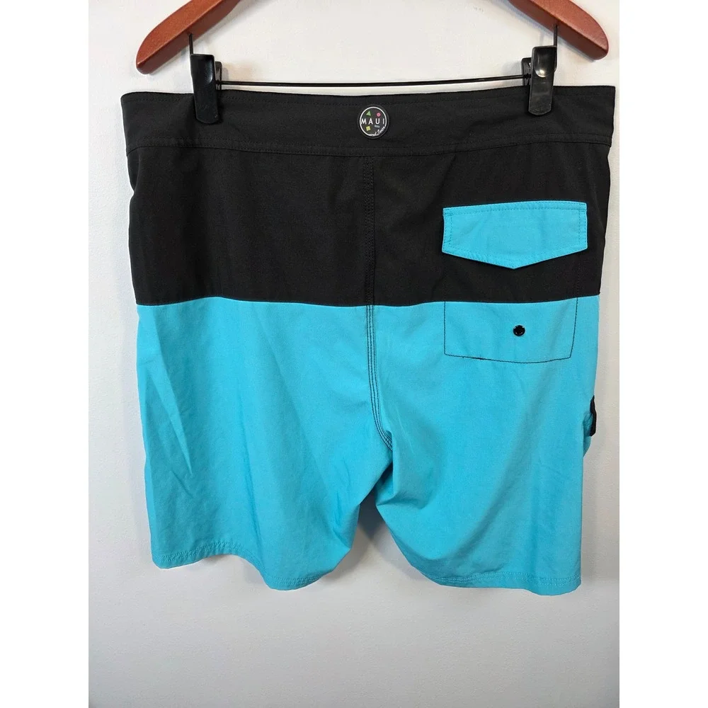 Maui and Sons Mens Board Shorts Black Turquoise Color Block Swim Trunks Size 38